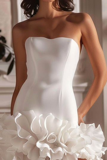 White Strapless Satin Short Homecoming Dress with Ruffles
